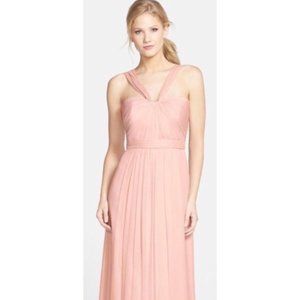 AMSALE Pleated Blush Tulle Sleeveless Halter Strap Ruched Bodice Bridesmaid